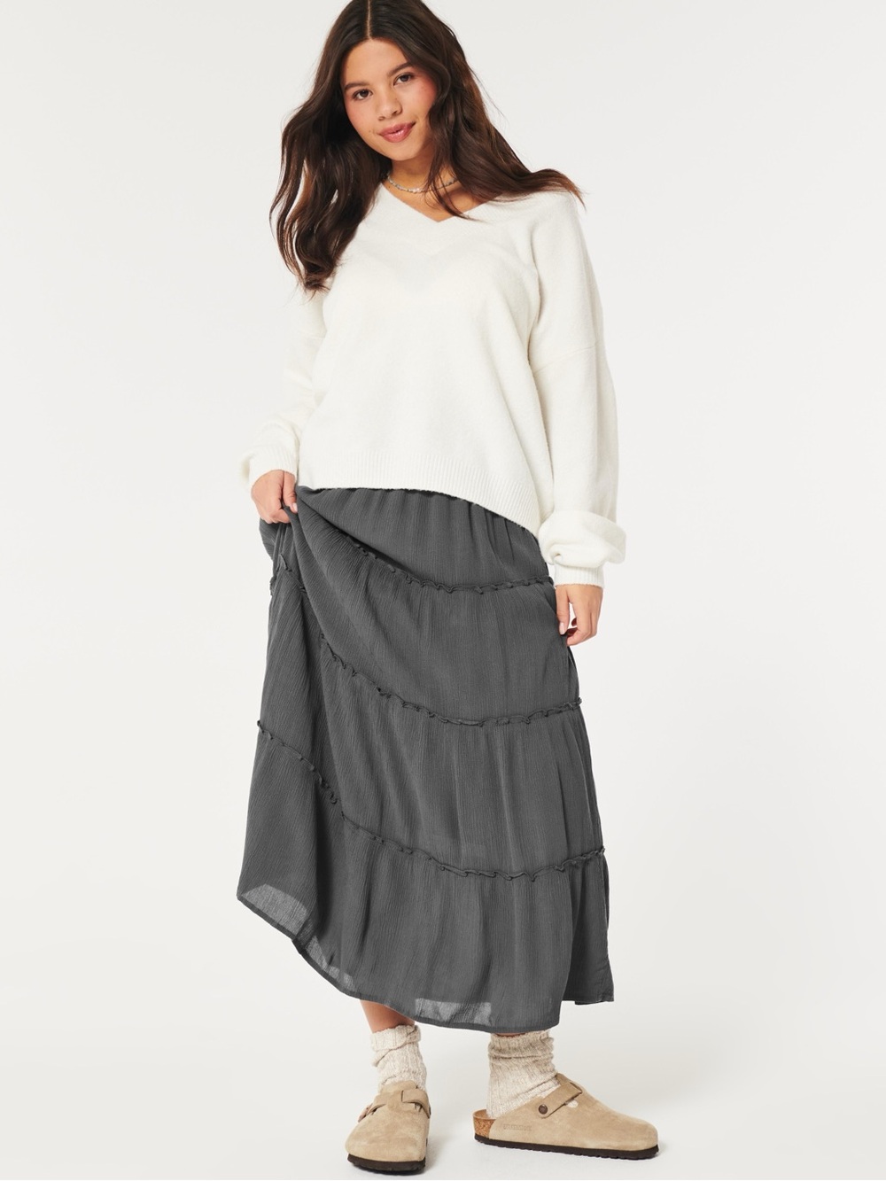 Hollister Women's Crinkle Maxi Skirt Ultra High-Rise Grey Size Small
